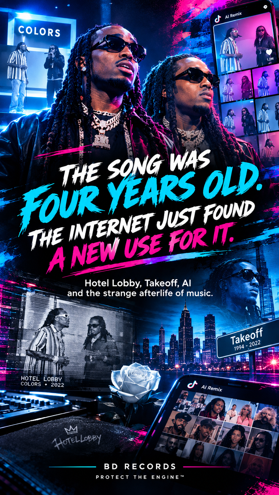 BD Records Protect the Engine™ cover — Quavo and Takeoff of Hotel Lobby, with COLORS 2022 footage and AI remix feeds over a neon Toronto skyline