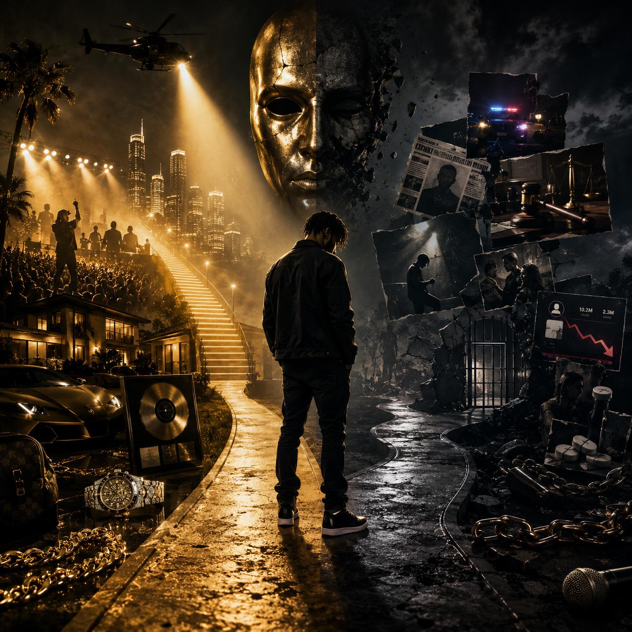 An artist standing between a golden spotlit path of fame and a dark path of legal, financial and personal consequences
