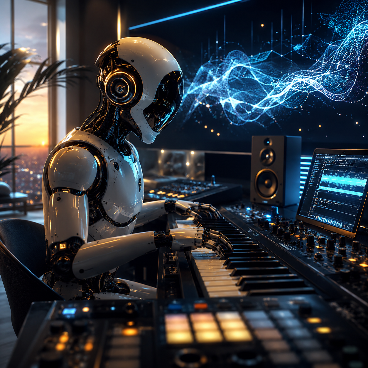 A humanoid robot producing music at a studio console with a glowing waveform display